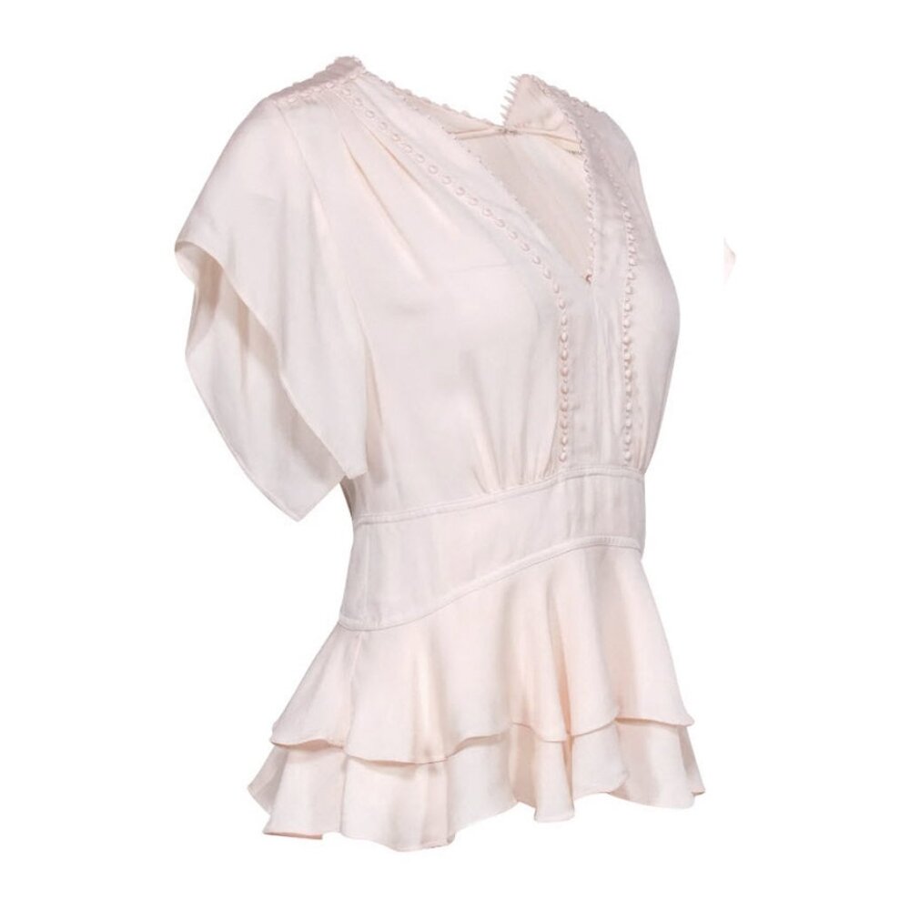 Rebecca Taylor - Pale Pink Short Sleeve Ruffled Silk Blouse w Embroidered Trim - Picture 3 of 13